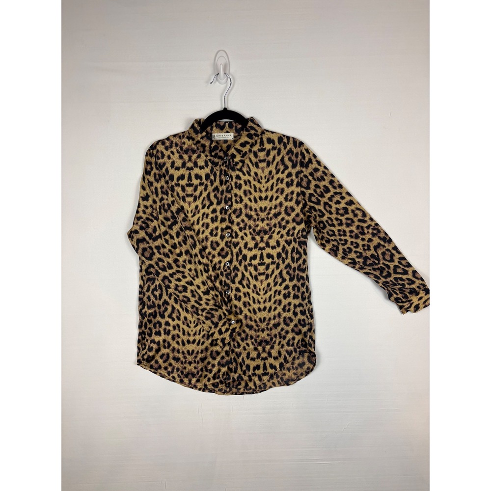Jon & Anna Button Down Women Size M Brown Polyester Leopard Print Animal Style